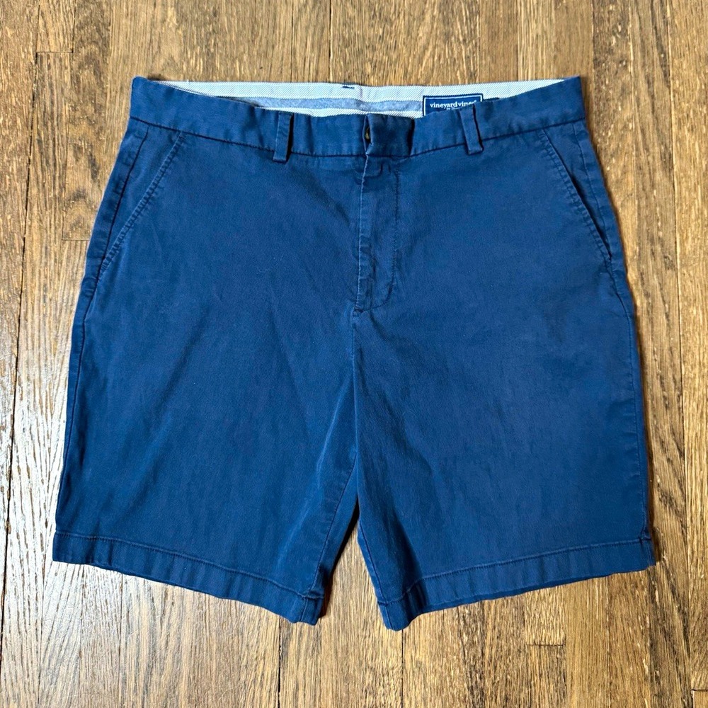 Vineyard Vines Men's Size35 Blue Solid Chino Shorts Flat Front Zip Slash Pockets